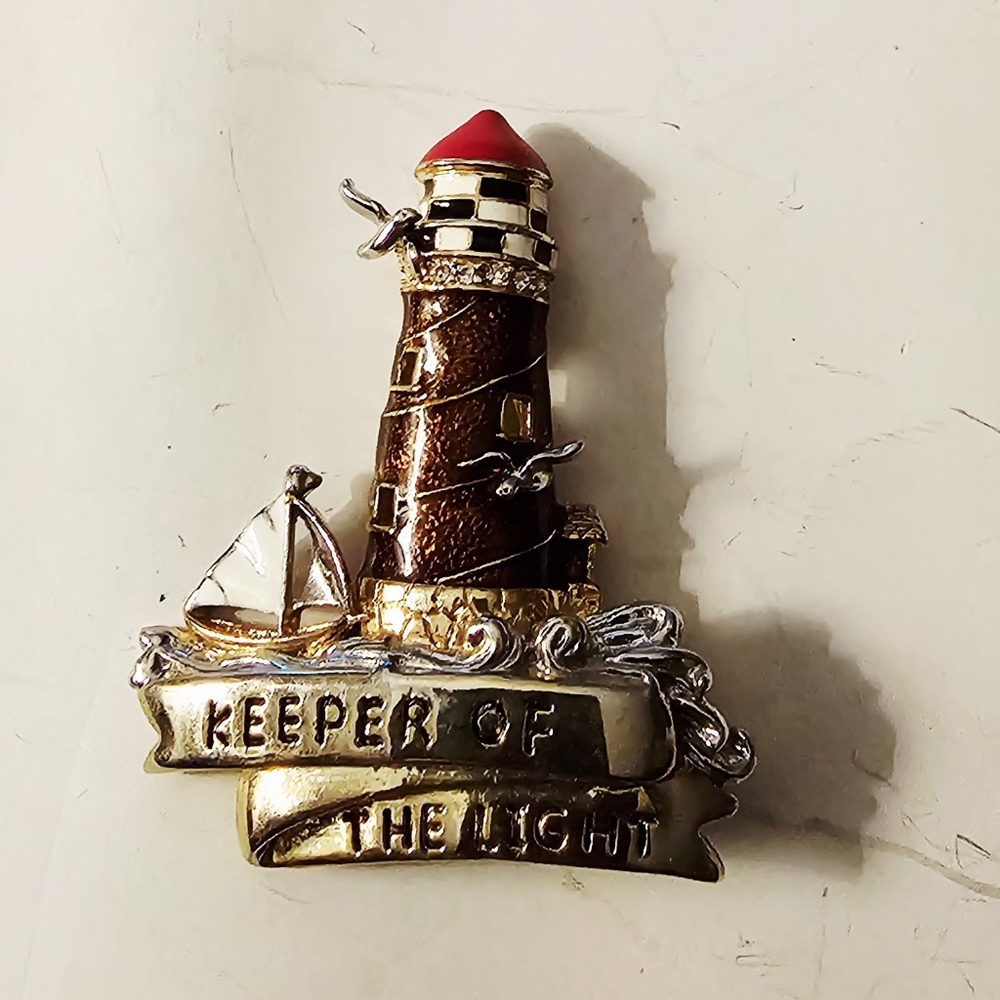 Lighthouse Scene With Water, Boat And Bird Red, Gold, Silver, Brown Brooch